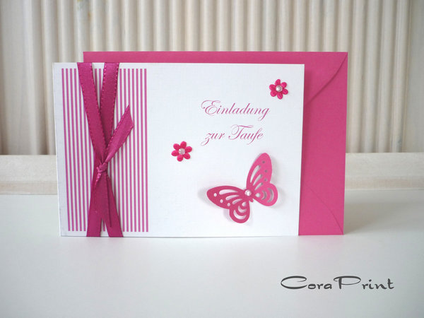 Einladungskarte zur Taufe Schmetterling pink