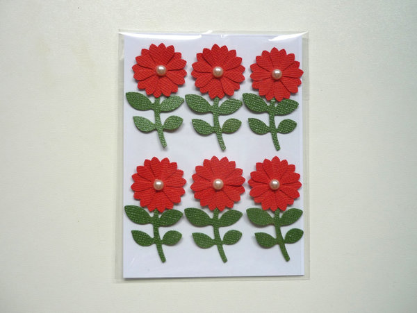 6 x Kartendeko Blüte rot mit Blatt selbstklebend