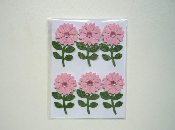 6 x Kartendeko Blüte rosa mit Blatt selbstklebend