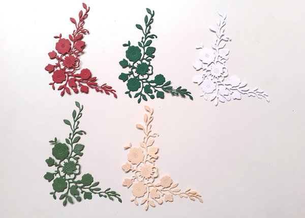10 Stanzteile filigrane Eckelemente Blumen - Farben nach Wahl